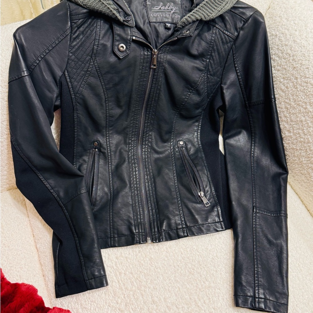 Women's Black Faux Leather Hooded Jacket